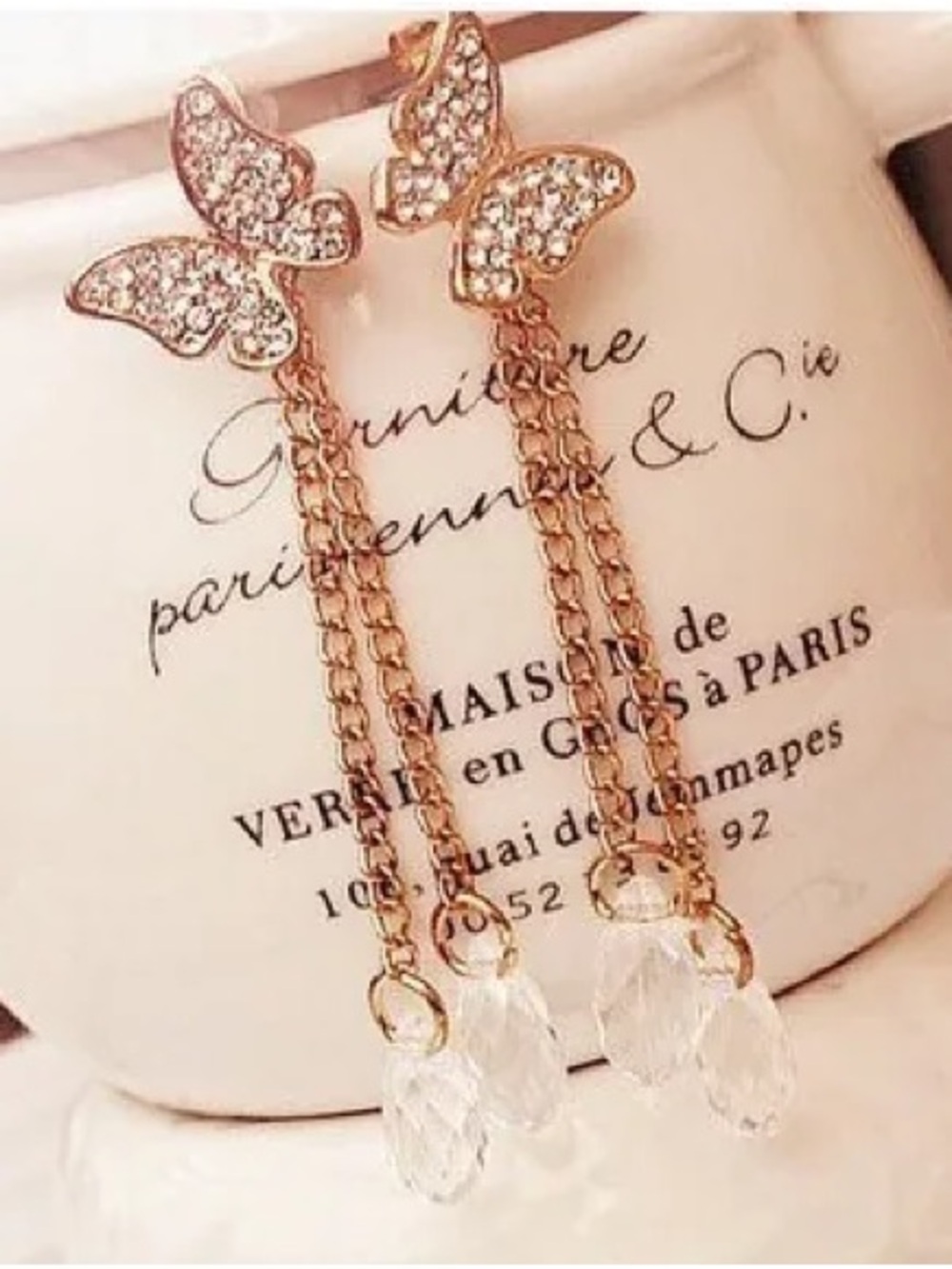 Crystal Butterfly Drop Earrings in Gold - Elegant Women Jewelry